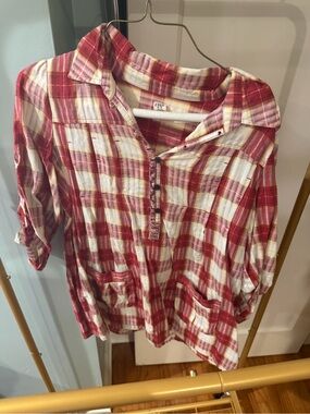 Free People Red and White Plaid Pullover Blouse
